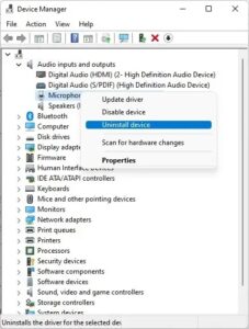 Right-click your microphone driver and choose Uninstall device